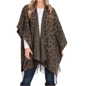 Leopard Print Shawl Blanket Wrap Drape Fringe Boho Cheetah One Size Vest Sweater